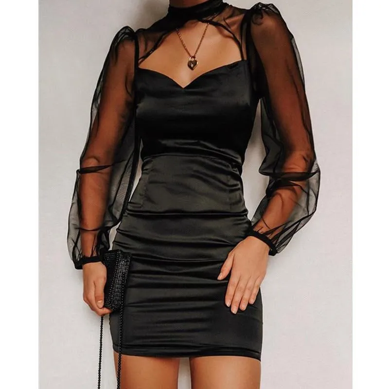 FashionSierra - Mesh Bodycon Mini Dress WomenBlack Hollow Out Long Sleeve Bodycon Mini Dress Women High Waist Sheath Vestidos