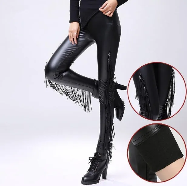 Faux Leather Tassel Leggings