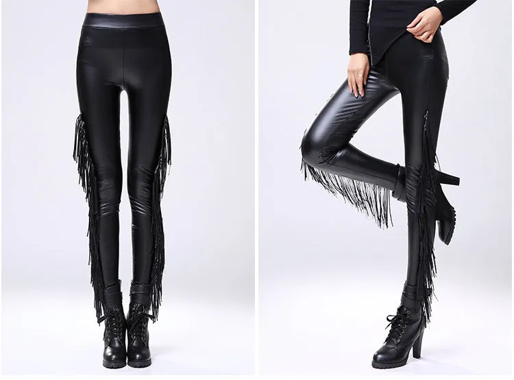 Faux Leather Tassel Leggings