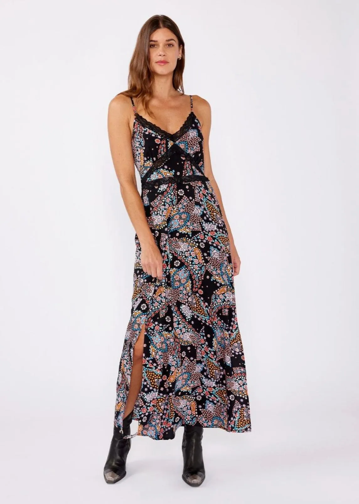 Flirty Floral & Lace Trim Black Spaghetti Strap Maxi Dress by Lovestitch