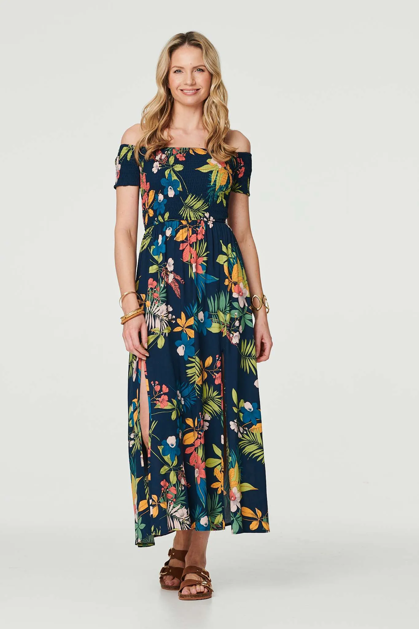 Floral Bardot Side Split Maxi Dress