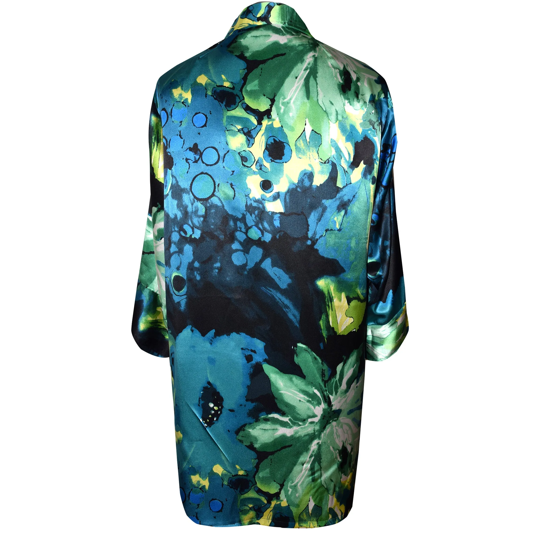 Floral Printed Charmeuse Silk Kimono Jacket in Turquoise, Lime and Yellow