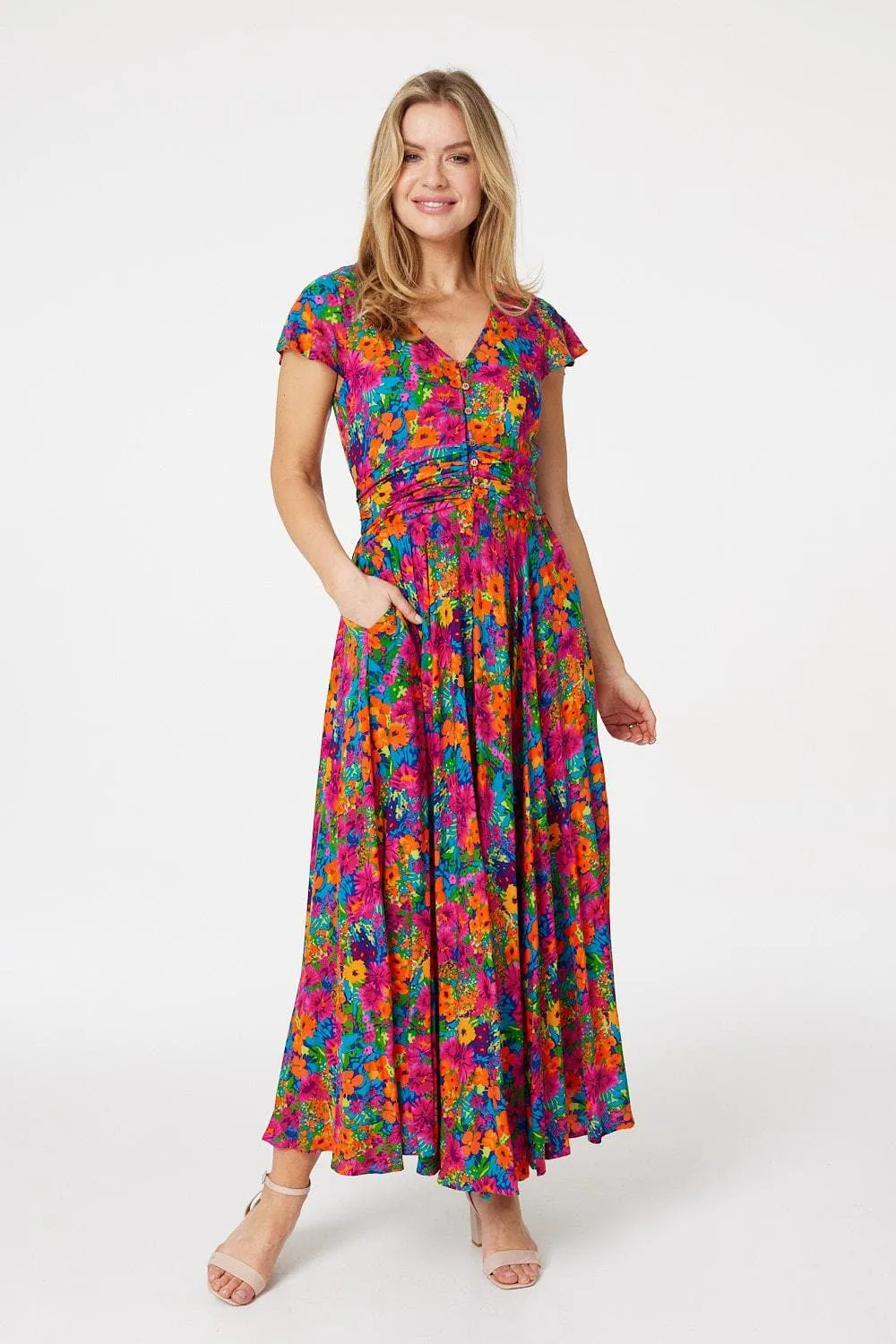 Floral Ruched Front Maxi Dress