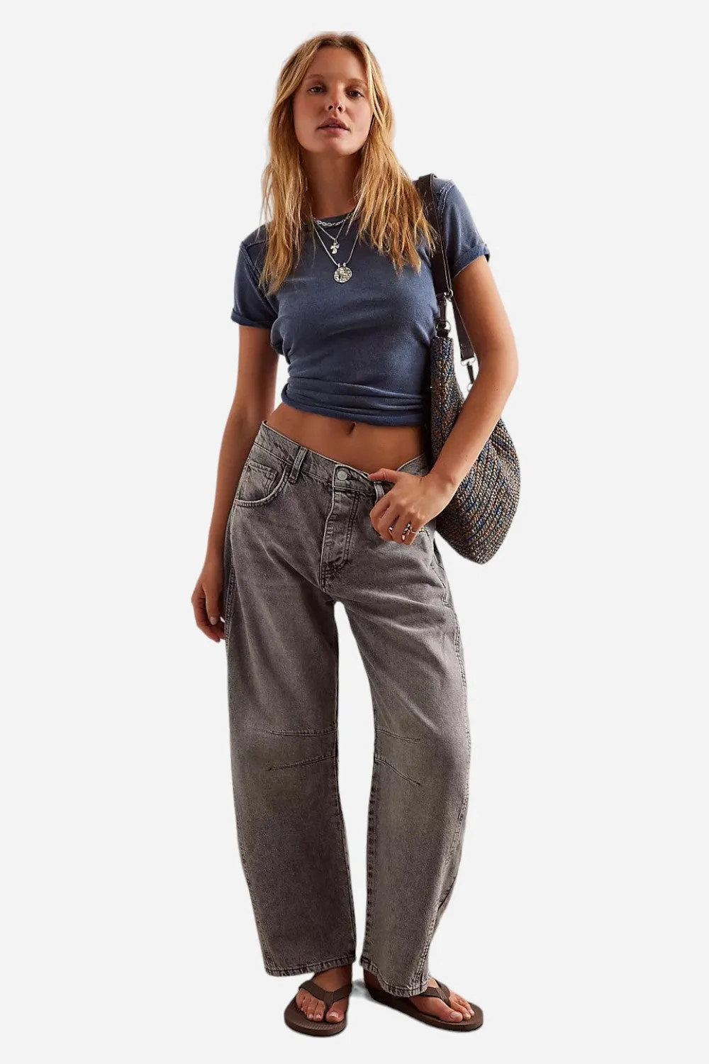 Free People Good Luck Mid-Rise Barrel Jeans in Falcon Grey