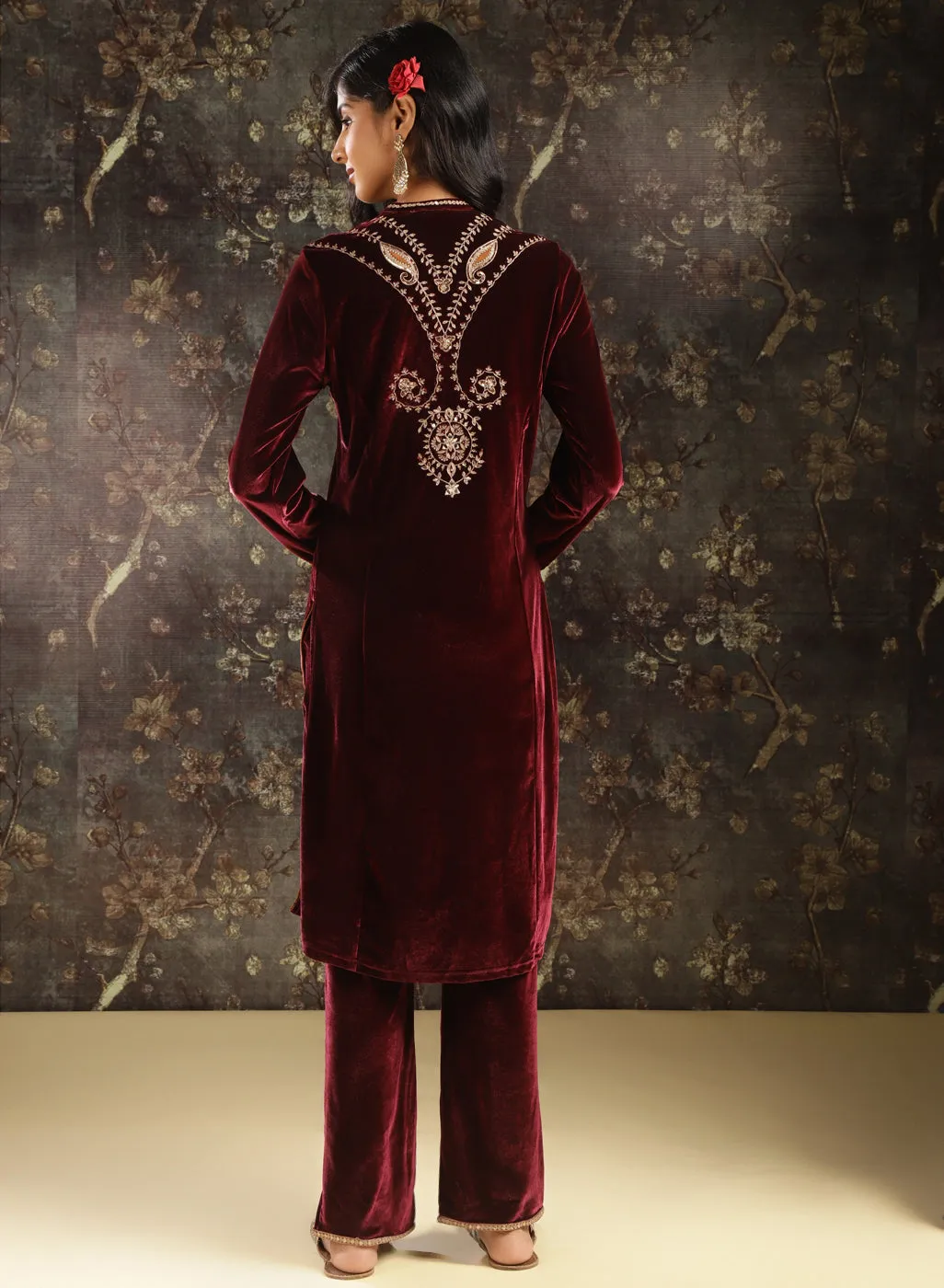 Fuchsia Embroidered Party-wear Velvet Kurta Set