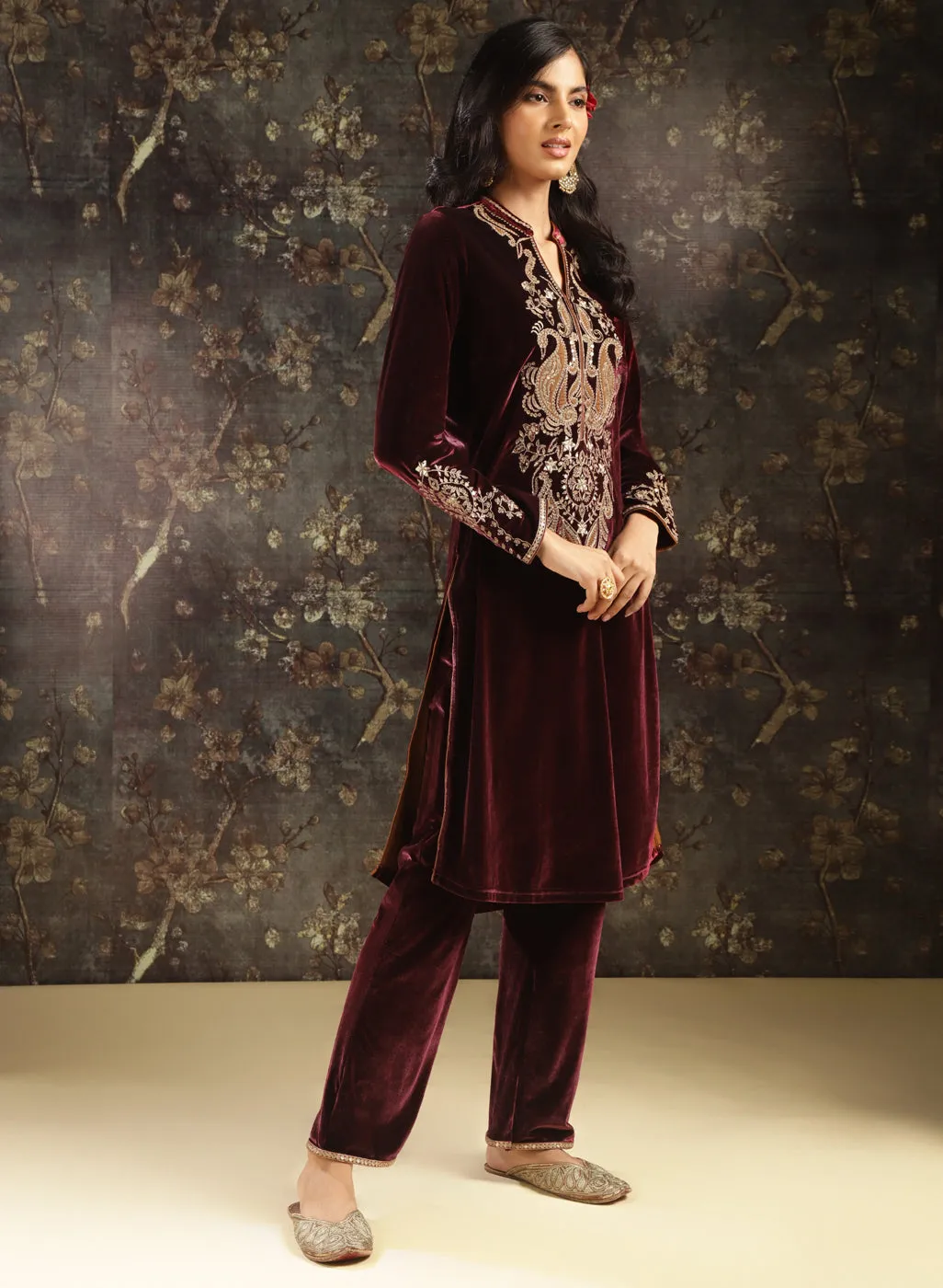 Fuchsia Embroidered Party-wear Velvet Kurta Set