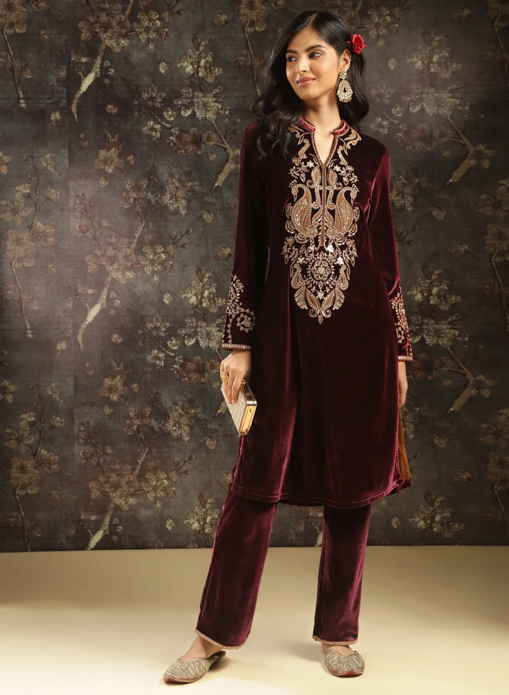 Fuchsia Embroidered Party-wear Velvet Kurta Set