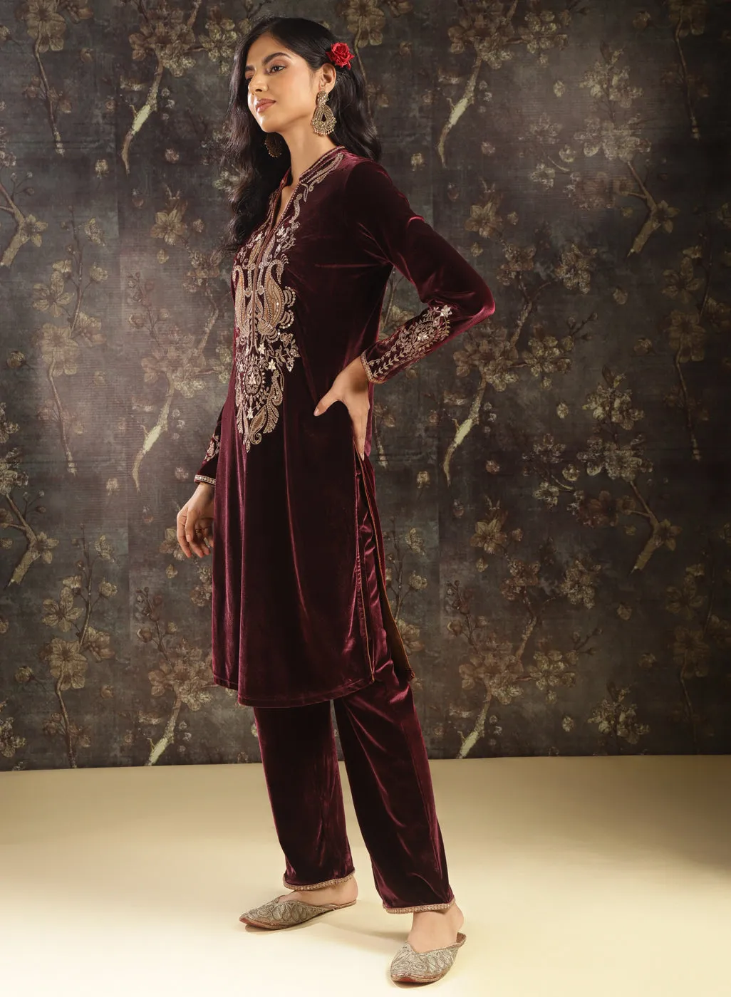 Fuchsia Embroidered Party-wear Velvet Kurta Set