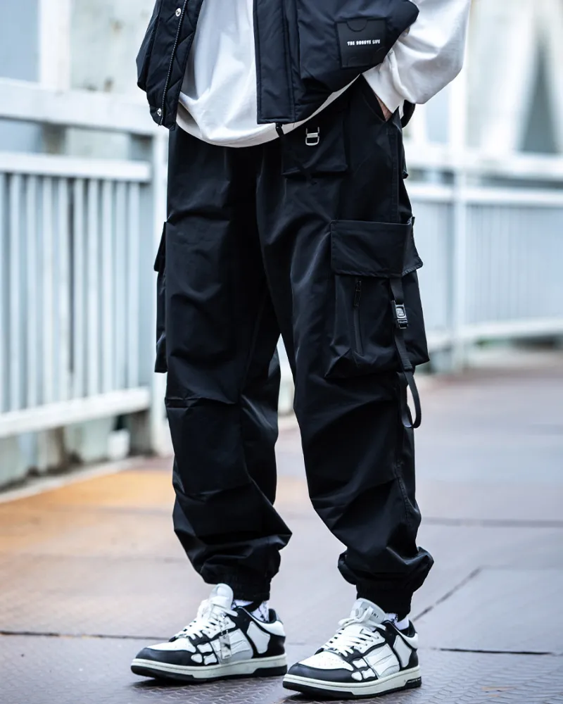 Functional Black Pocket Ribbon Cargo Pants