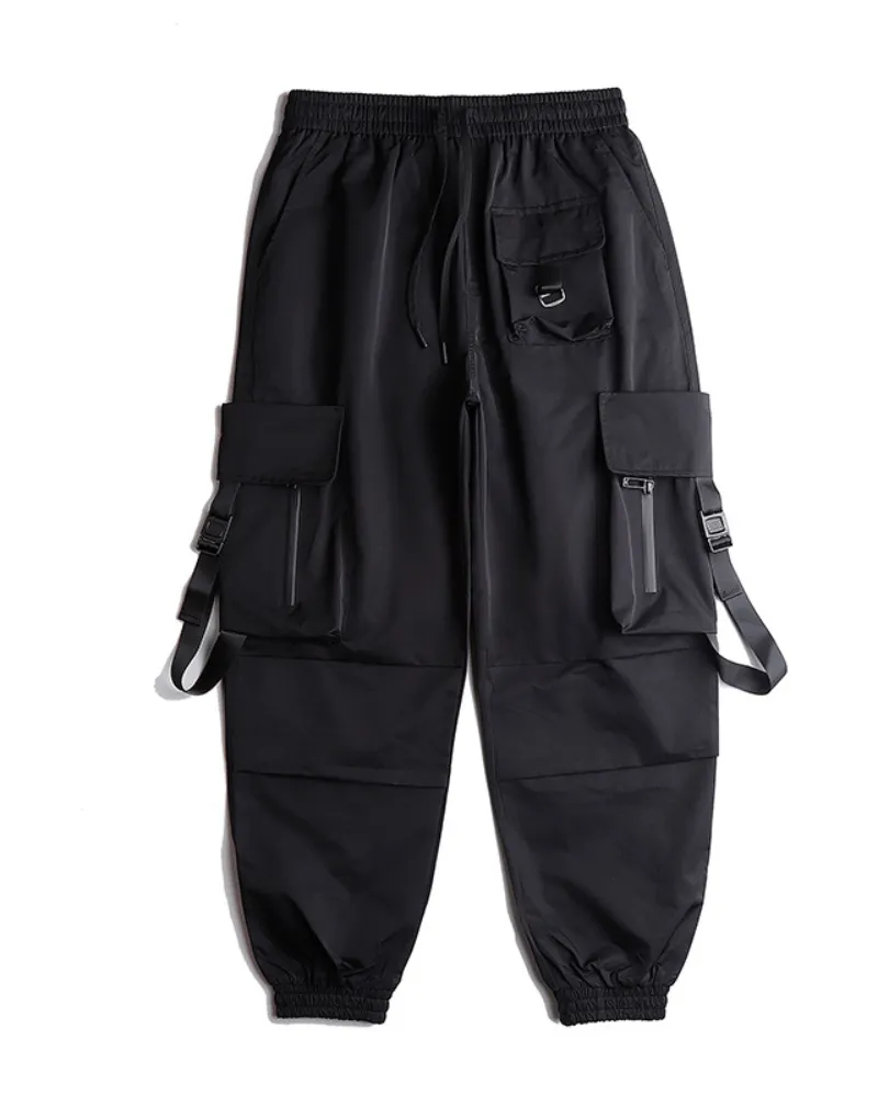 Functional Black Pocket Ribbon Cargo Pants