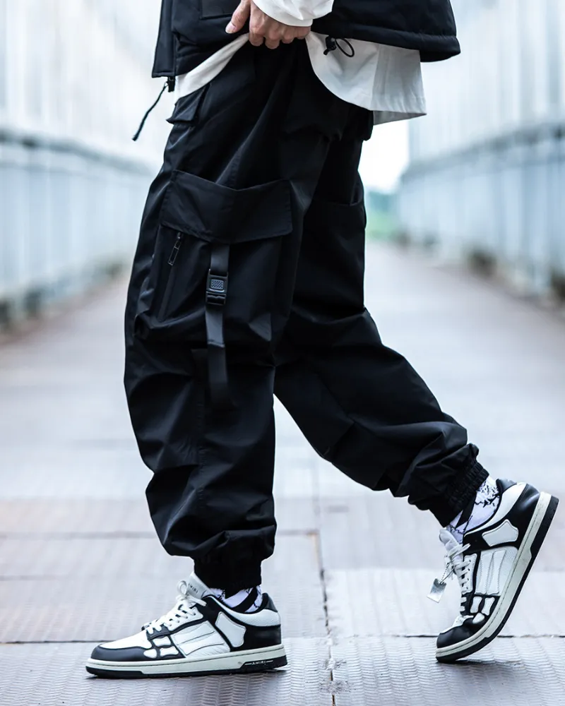 Functional Black Pocket Ribbon Cargo Pants