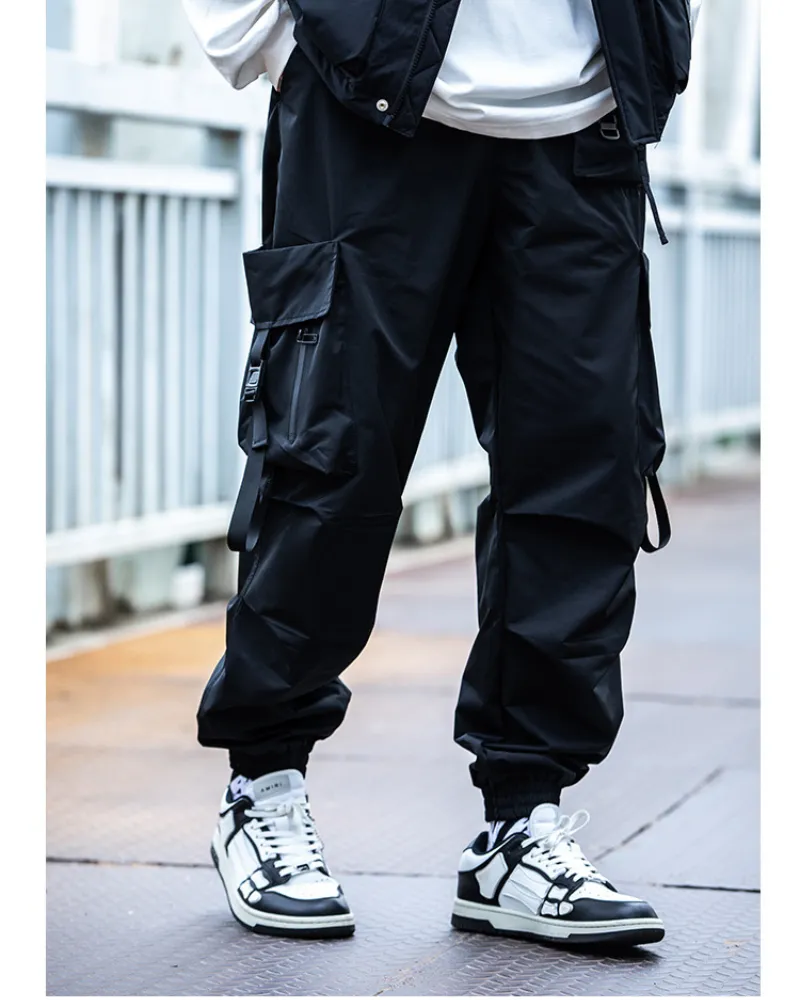 Functional Black Pocket Ribbon Cargo Pants