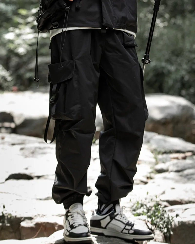 Functional Black Pocket Ribbon Cargo Pants