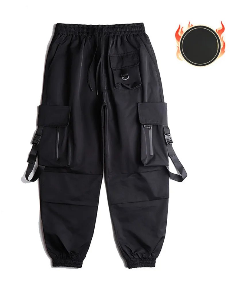 Functional Black Pocket Ribbon Cargo Pants