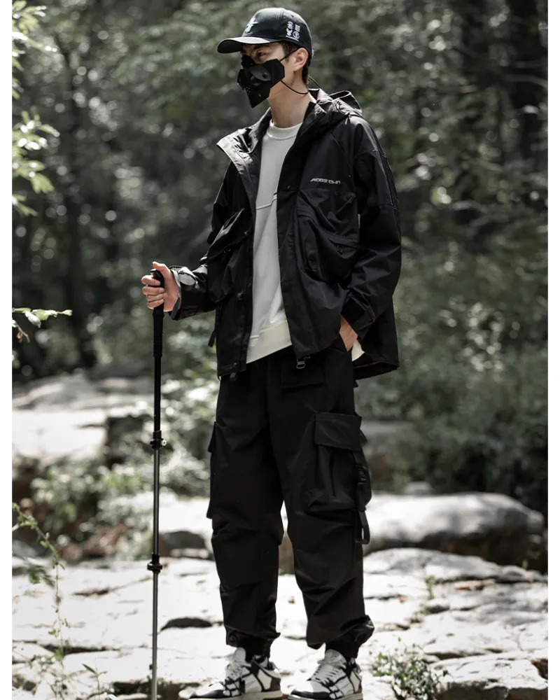 Functional Black Pocket Ribbon Cargo Pants