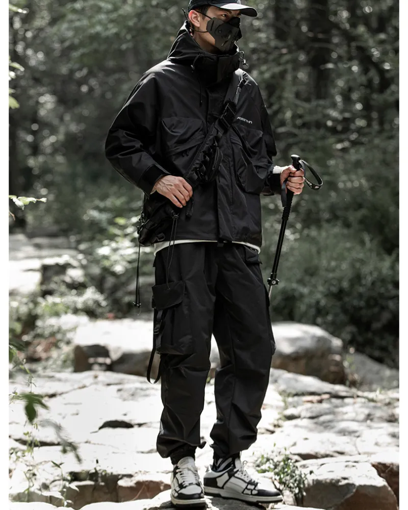 Functional Black Pocket Ribbon Cargo Pants