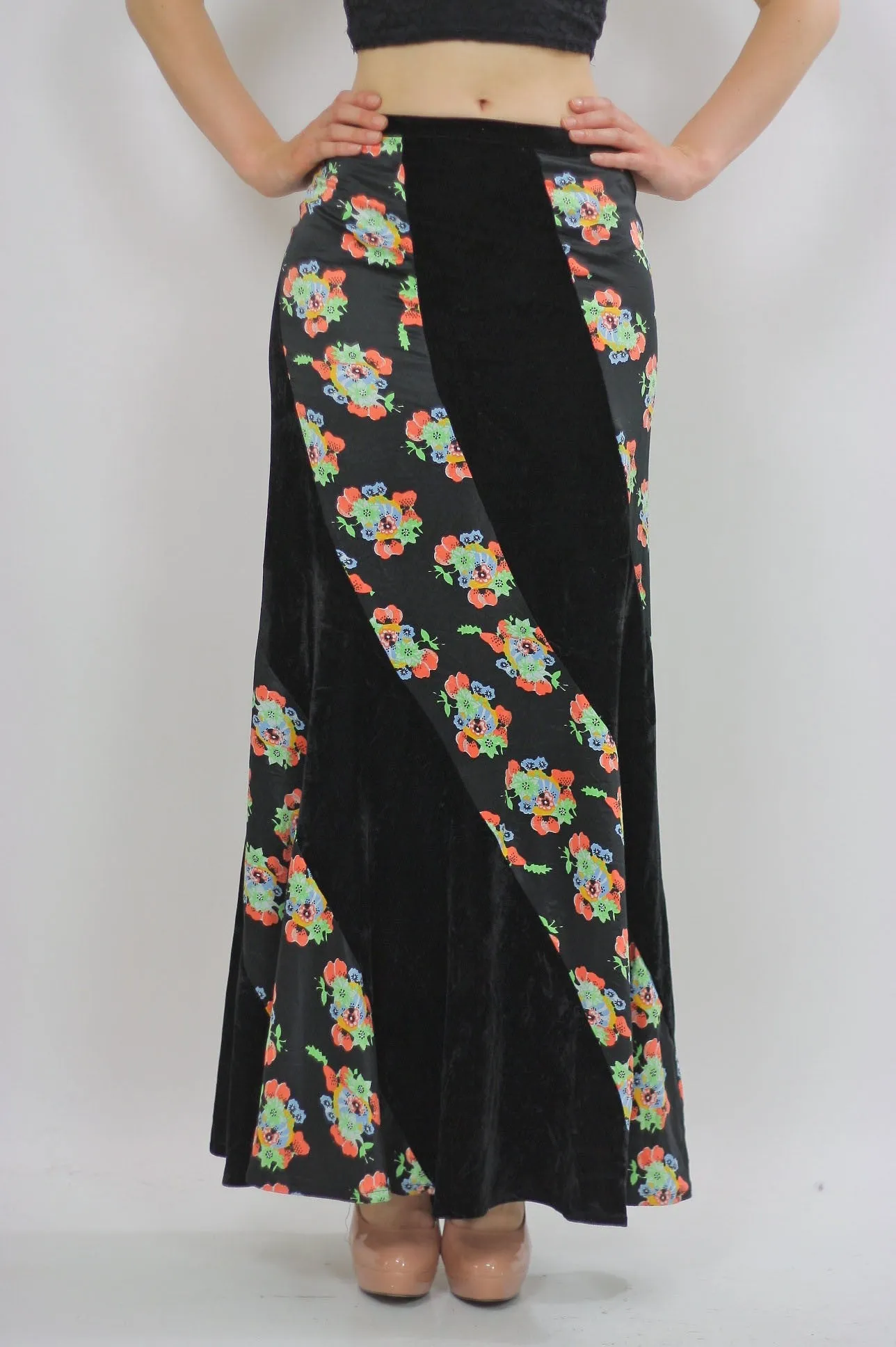 Genuine vintage 90s 1990s grunge boho patchwork velvet maxi skirt