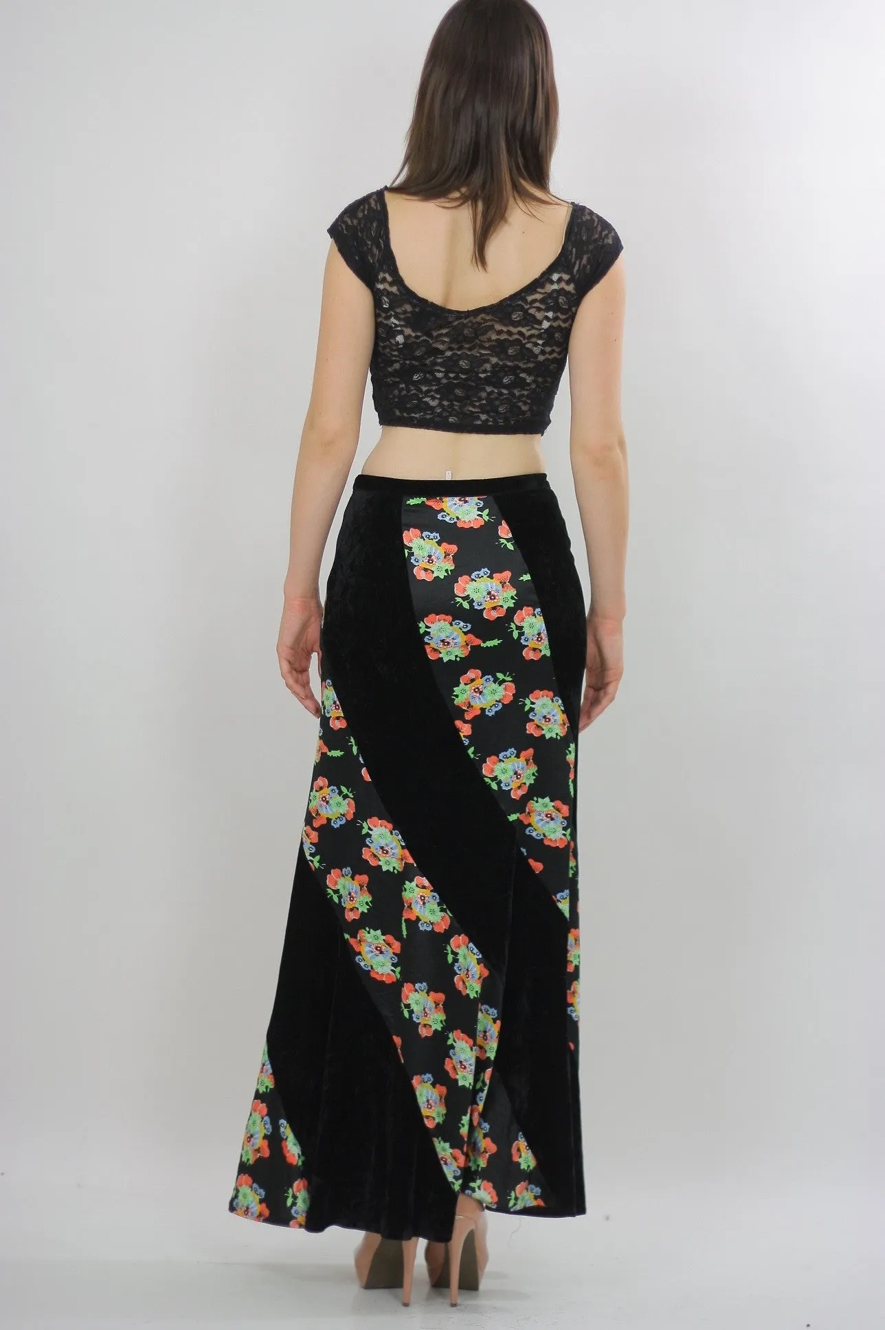 Genuine vintage 90s 1990s grunge boho patchwork velvet maxi skirt