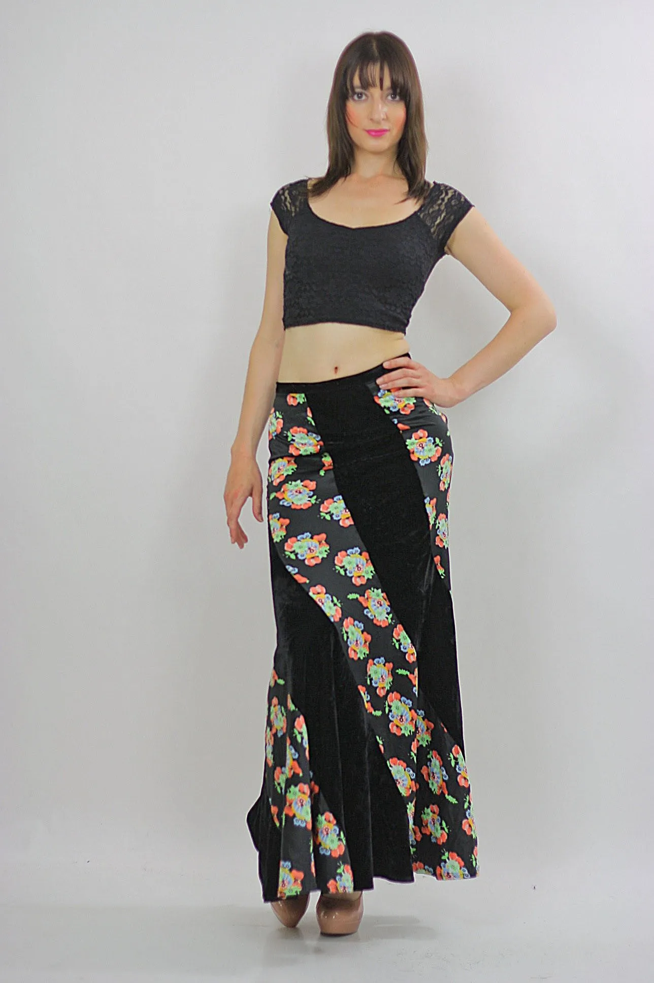 Genuine vintage 90s 1990s grunge boho patchwork velvet maxi skirt