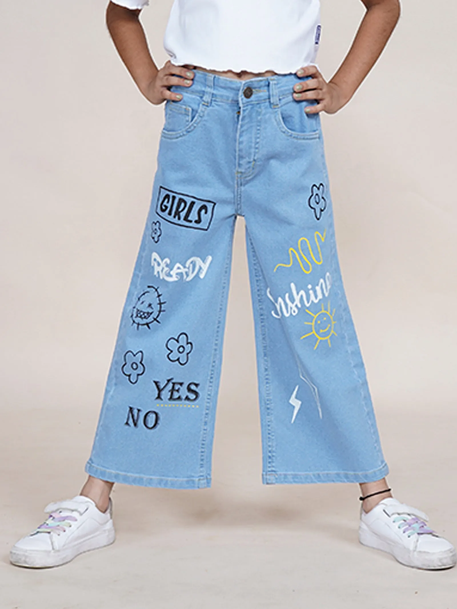 Girls Text Printed Flared Jeans