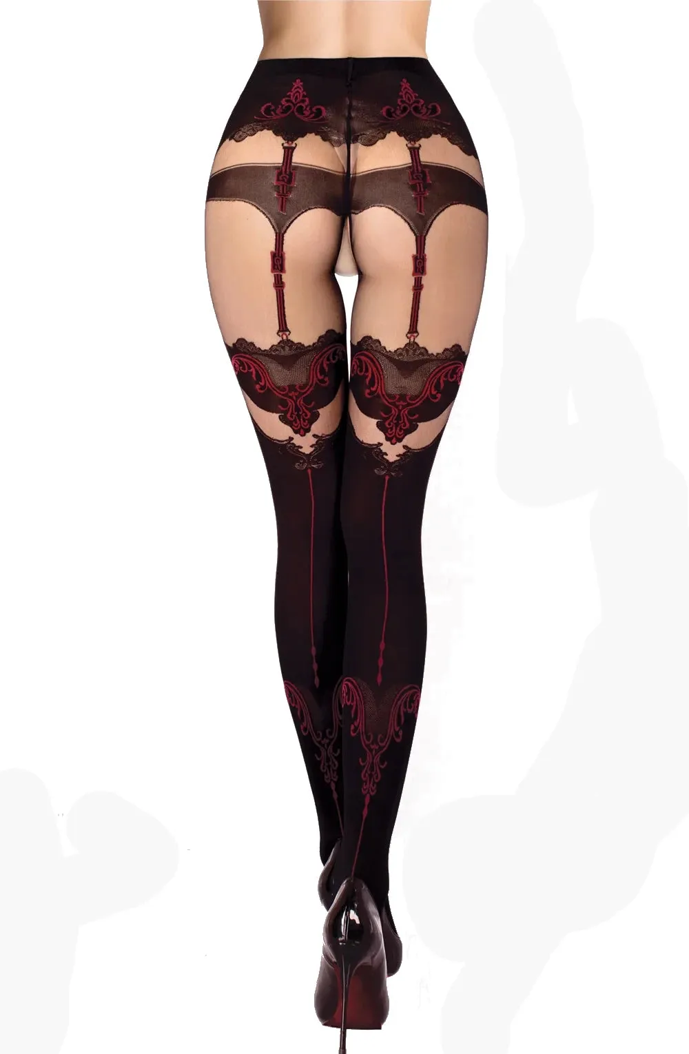 Gorgeous Plain Black Red Swirls Back Seam Faux Suspender Crotchless Tights