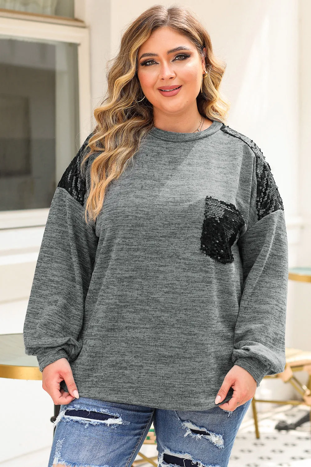 Gray Sequin Patchwork Long Sleeve Plus Size Top