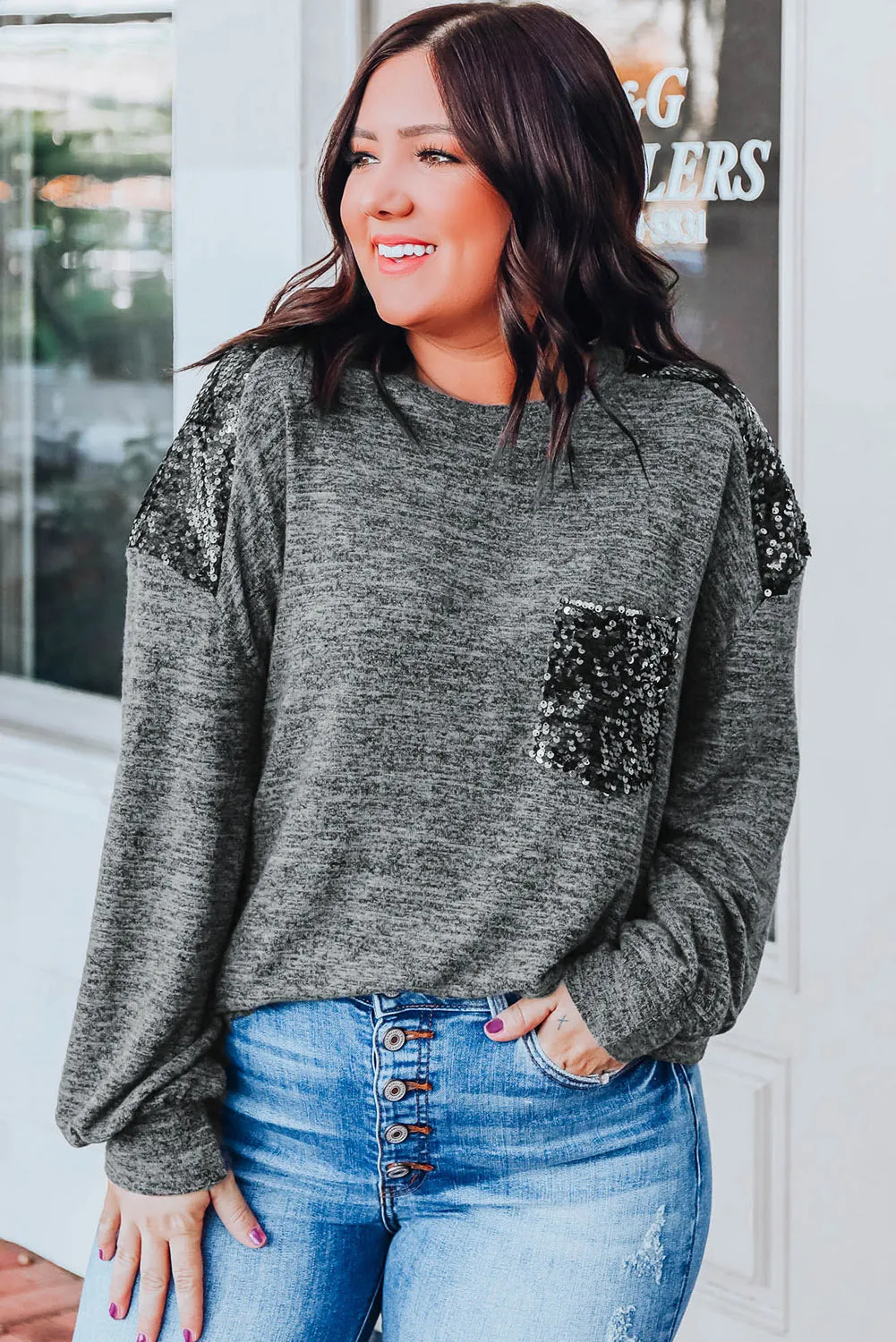 Gray Sequin Patchwork Long Sleeve Plus Size Top