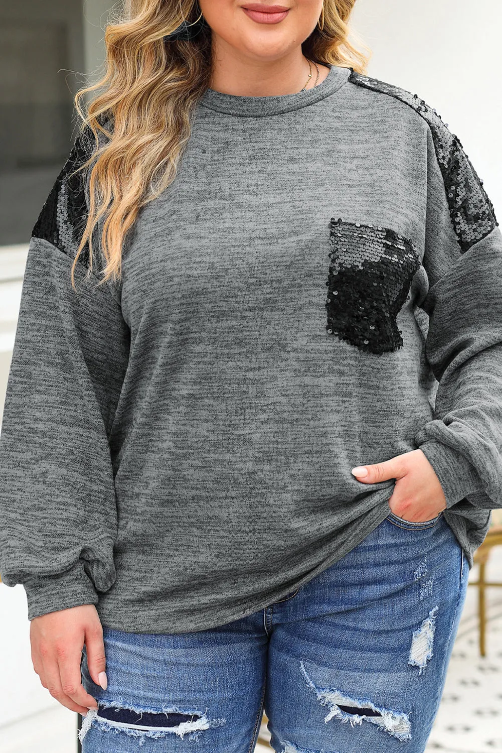 Gray Sequin Patchwork Long Sleeve Plus Size Top