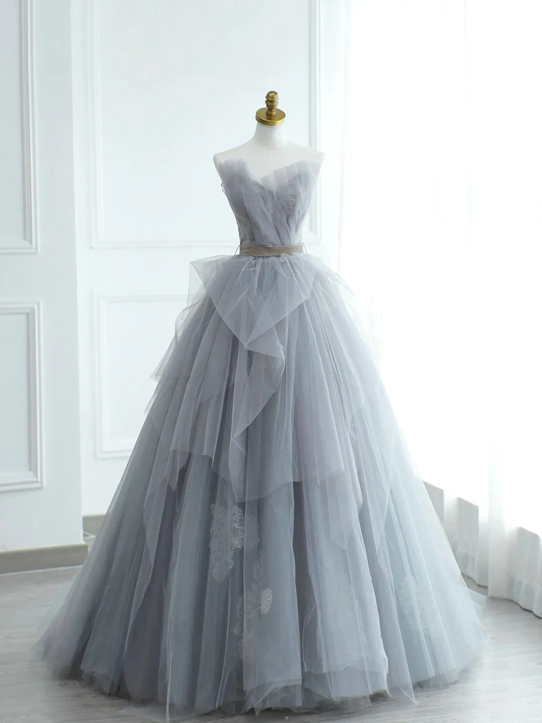 Gray Strapless Tulle Lace Long Prom Dress, A-Line Evening Party Dress