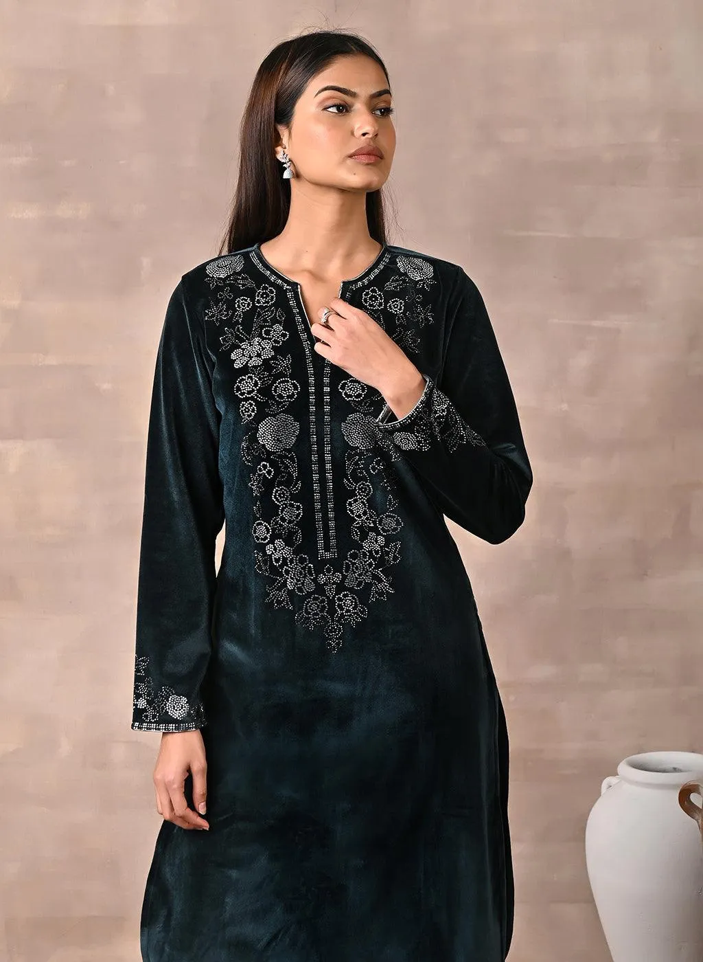 Green Velvet Kurta with Fine Mirror Beads Work