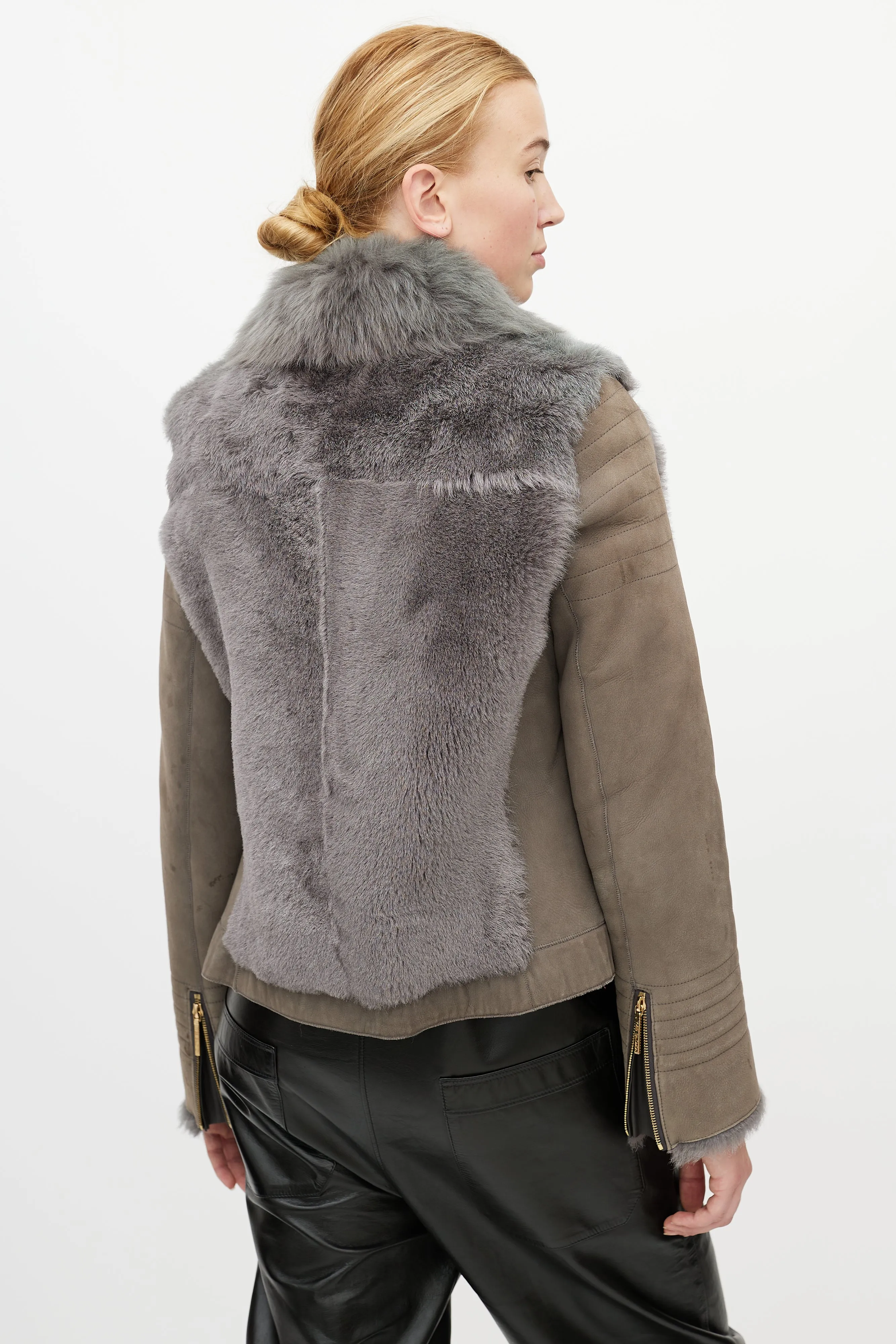 Grey Leather Shearling Jacket