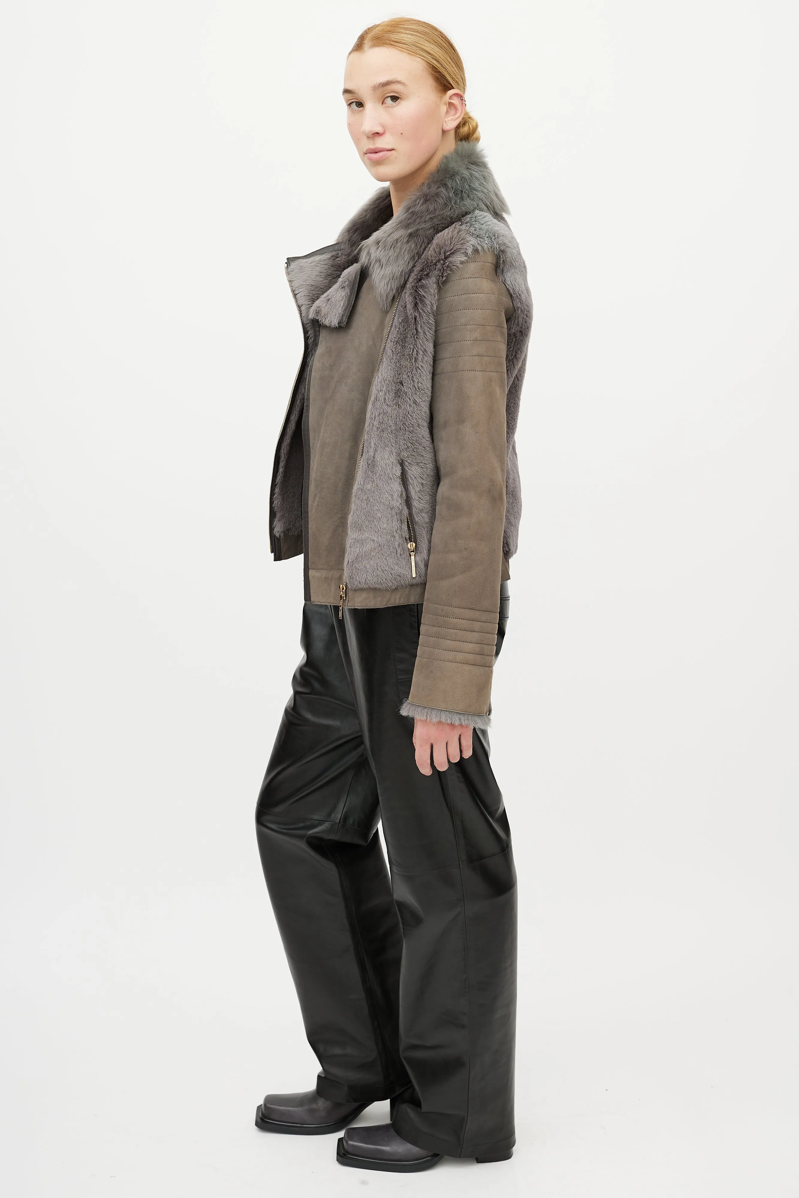 Grey Leather Shearling Jacket