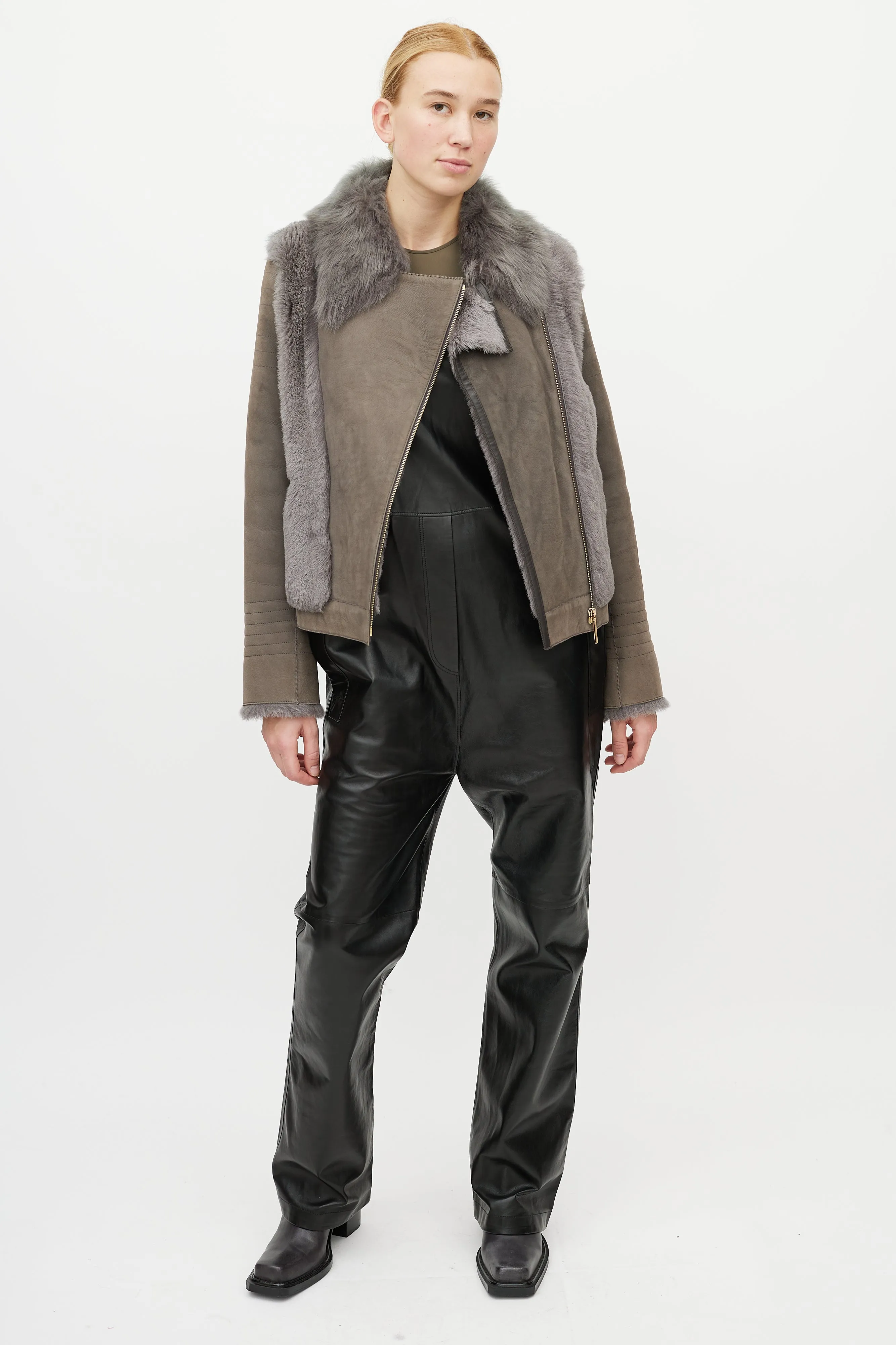 Grey Leather Shearling Jacket