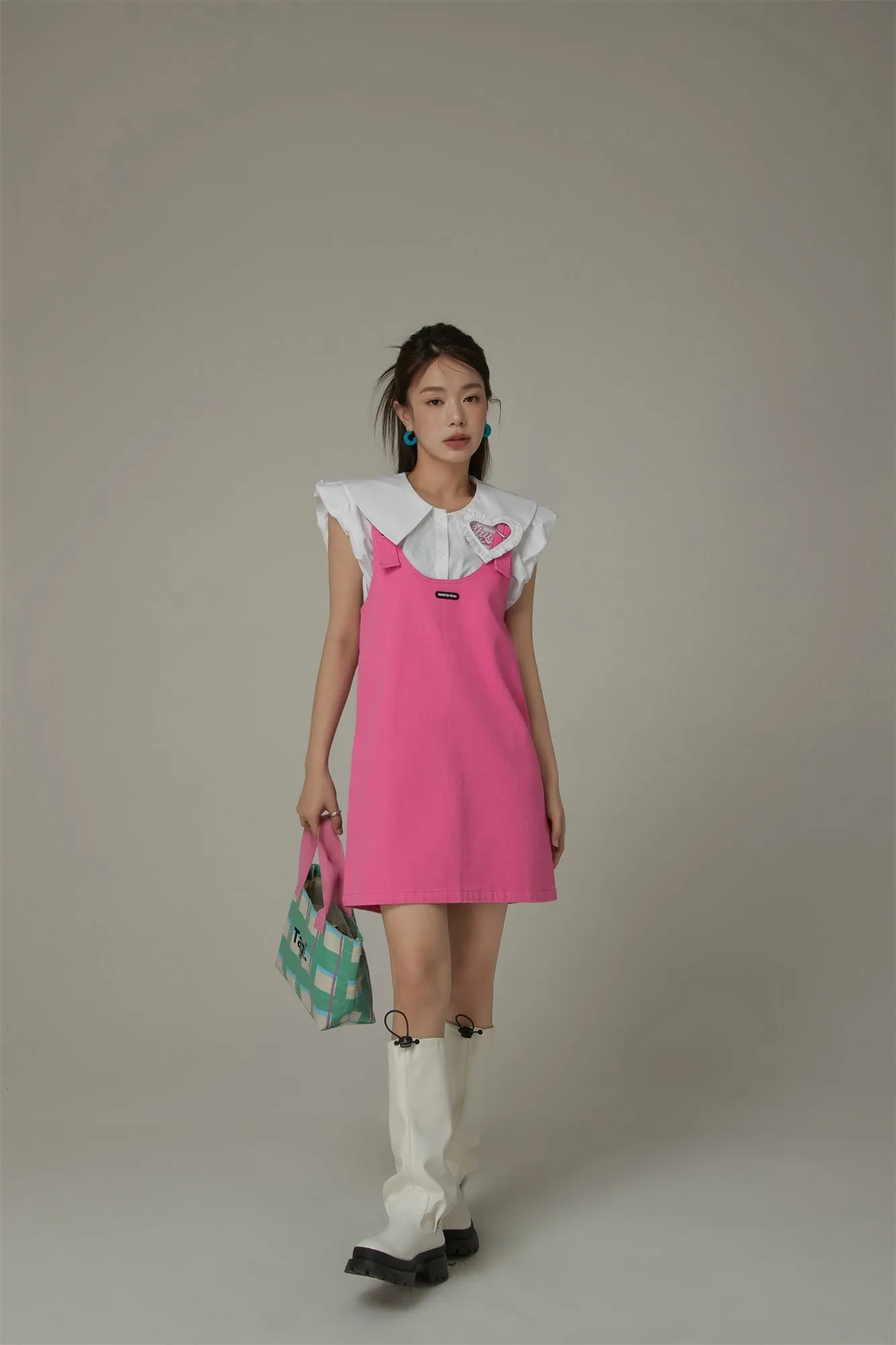 Heart Buckle Color Overall Mini Dress