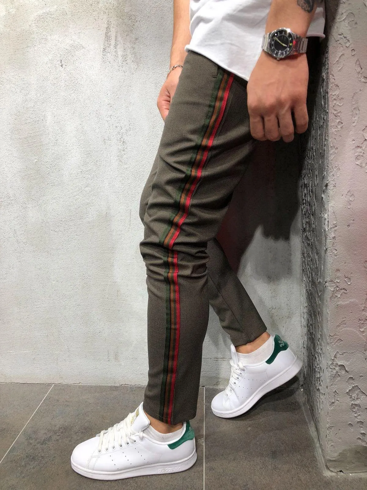 Herringbone Ankle Pants Side Stripes - Brown