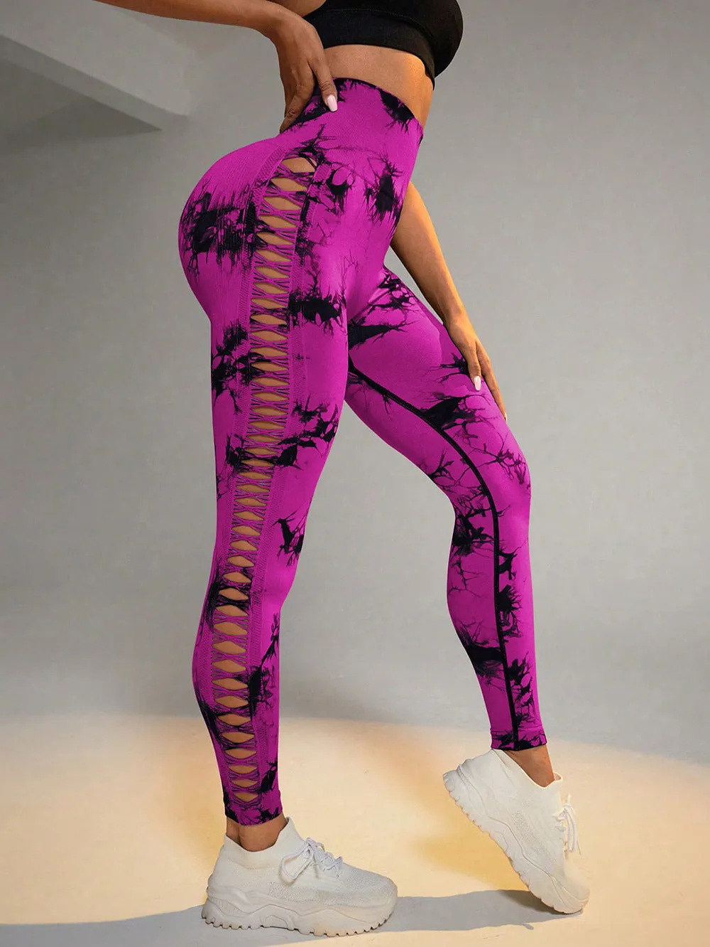 Hollow Tie Dye Printed Yoga Pants High Waist