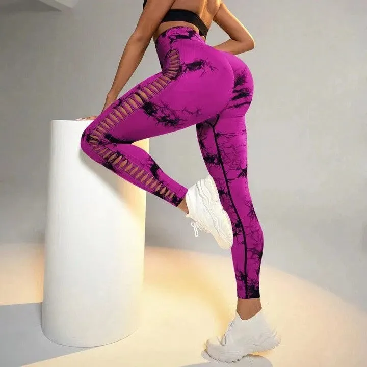 Hollow Tie Dye Printed Yoga Pants High Waist