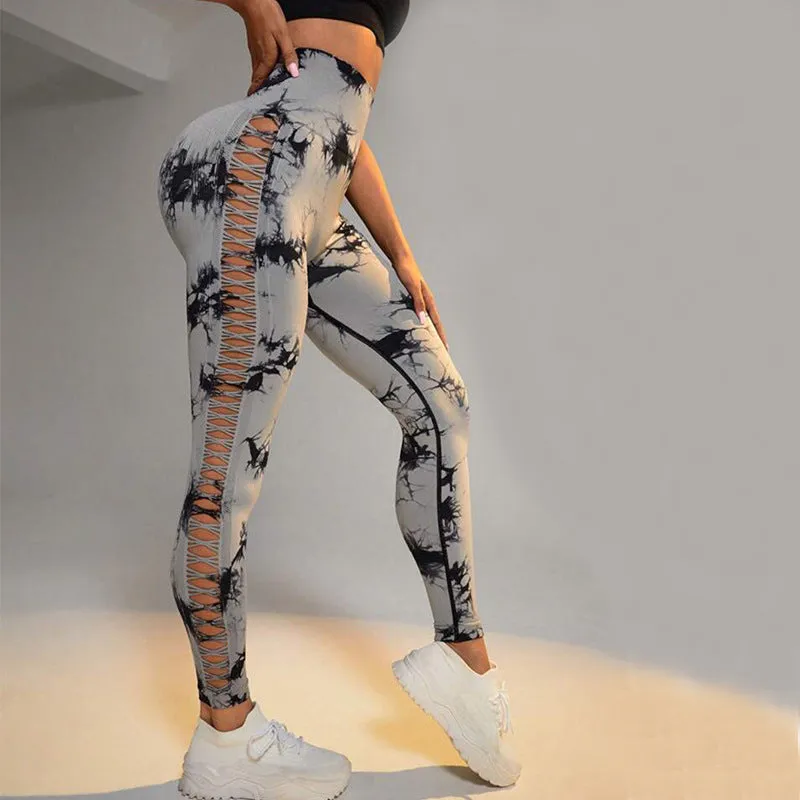 Hollow Tie Dye Printed Yoga Pants High Waist