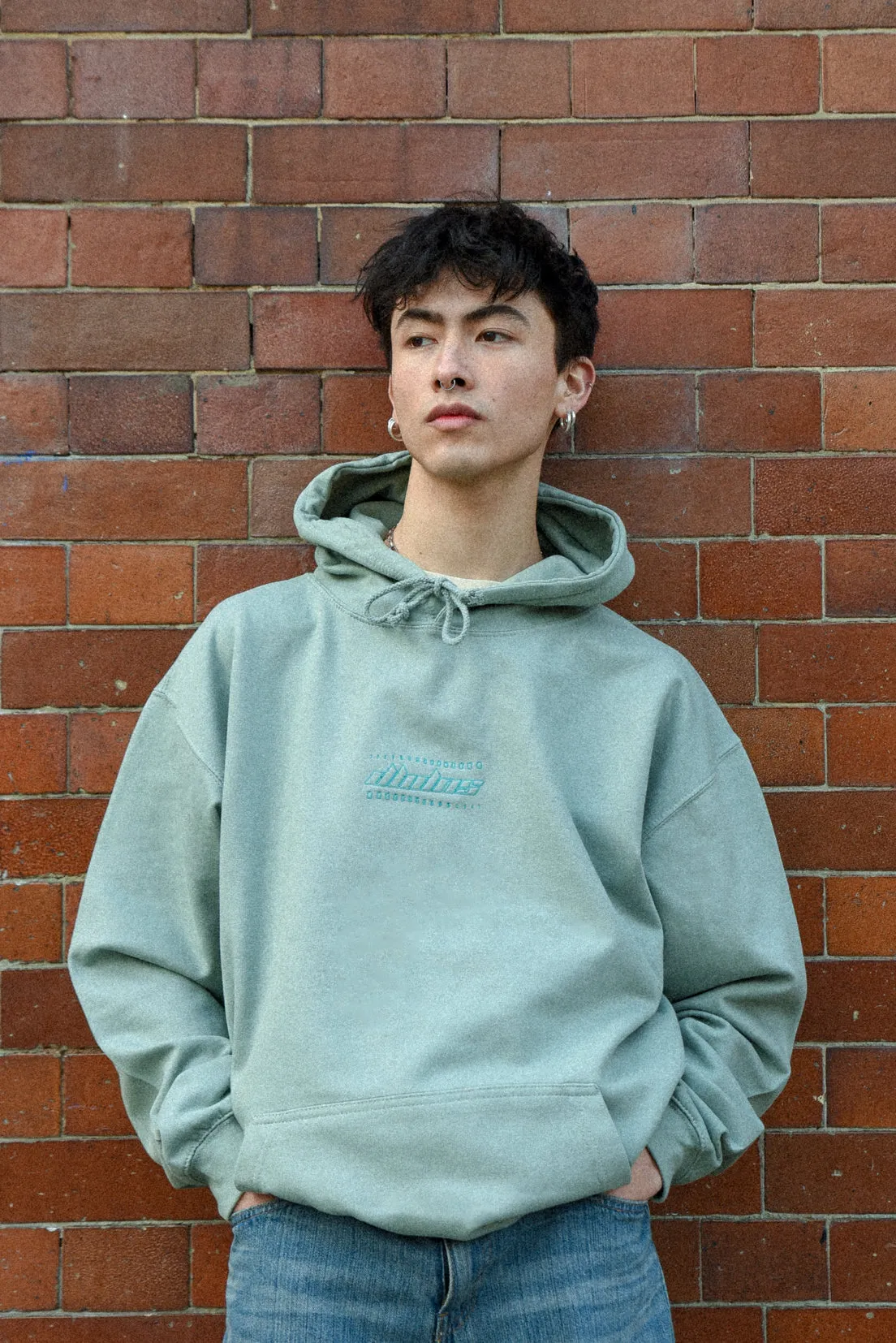 Hoodie in Dusty Green with Futuristic Logo Embroidery