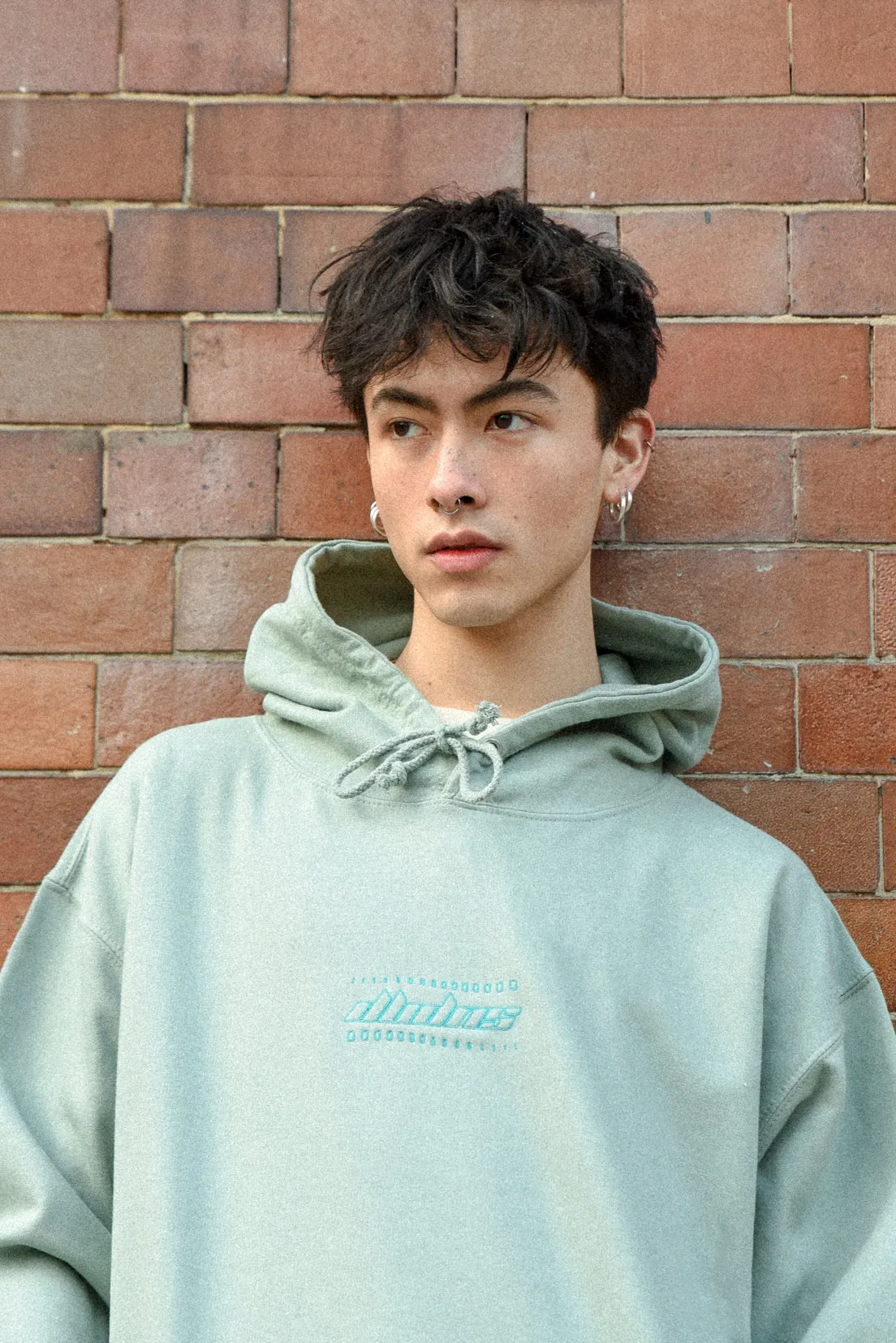 Hoodie in Dusty Green with Futuristic Logo Embroidery