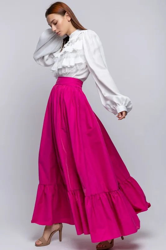 Hot Pink Pocketed Flared Maxi Skirt