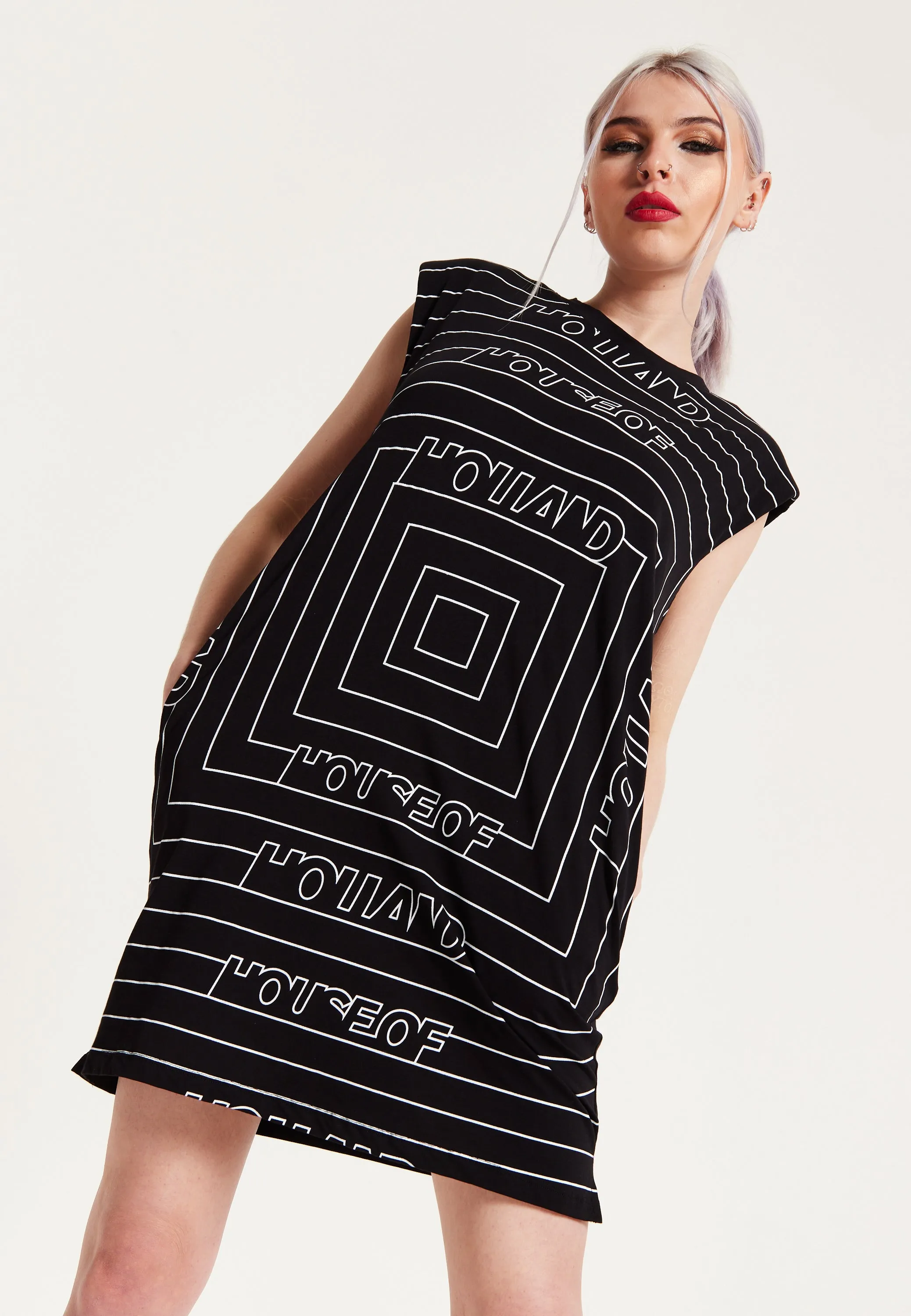 House of Holland Monogram Maze Print Power Sleeve Tunic Dress