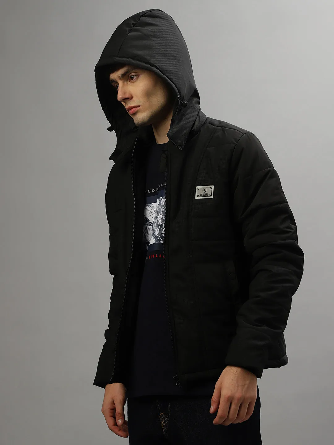 Iconic Men Solid Full Sleeves Hooded Jacket