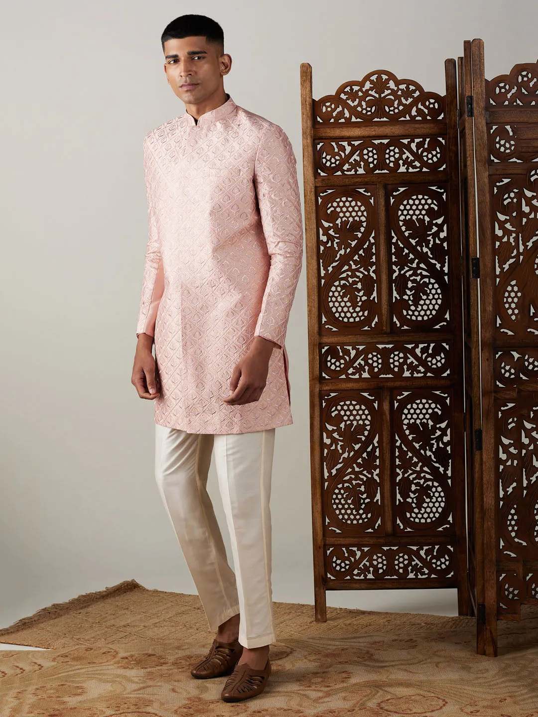 Jashvi Men's Peach Sequined Indo Western Sherwani Set