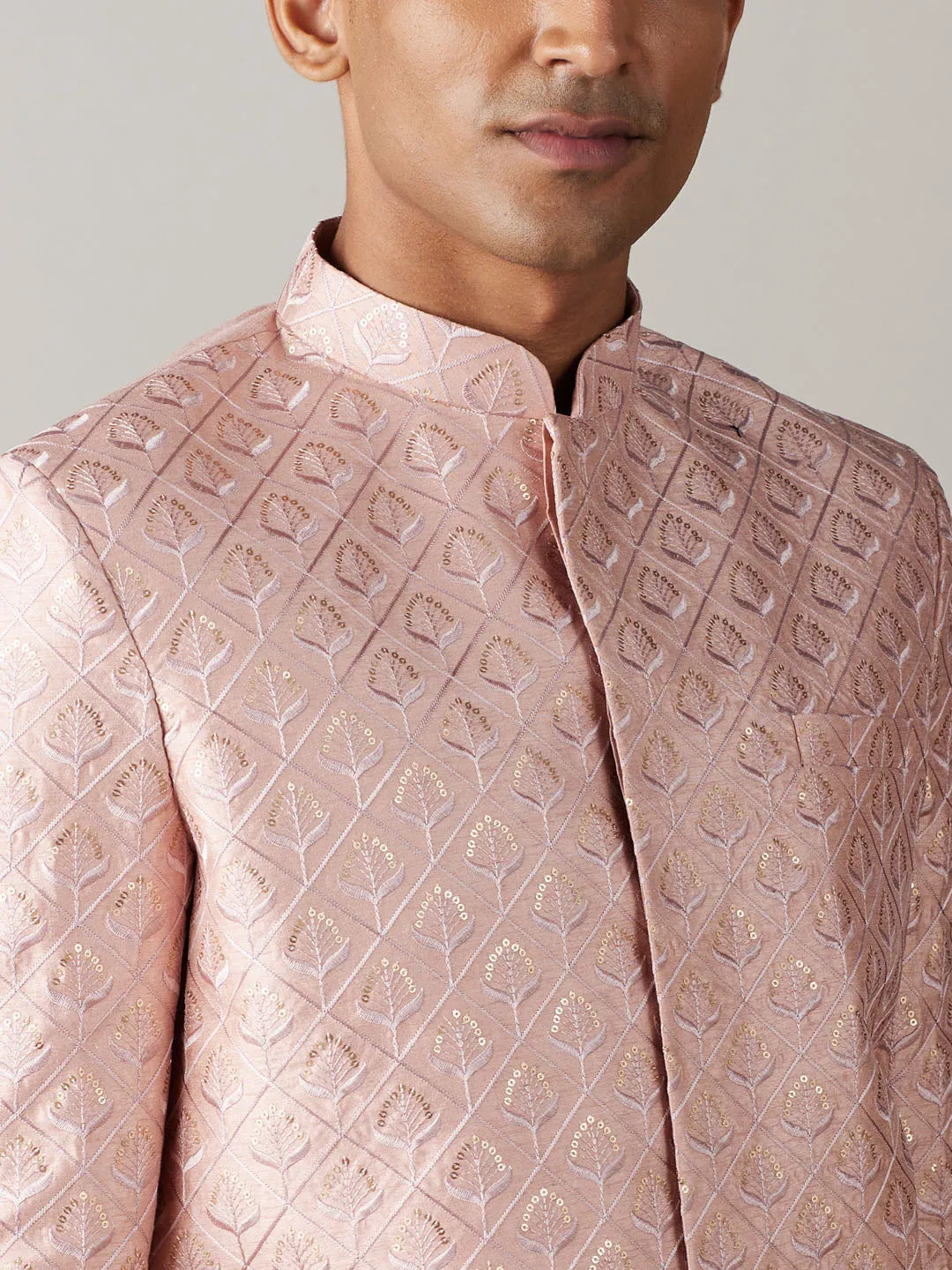 Jashvi Men's Peach Sequined Indo Western Sherwani Set