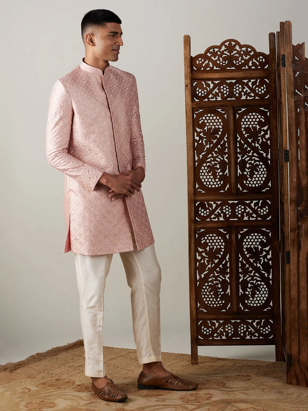 Jashvi Men's Peach Sequined Indo Western Sherwani Set