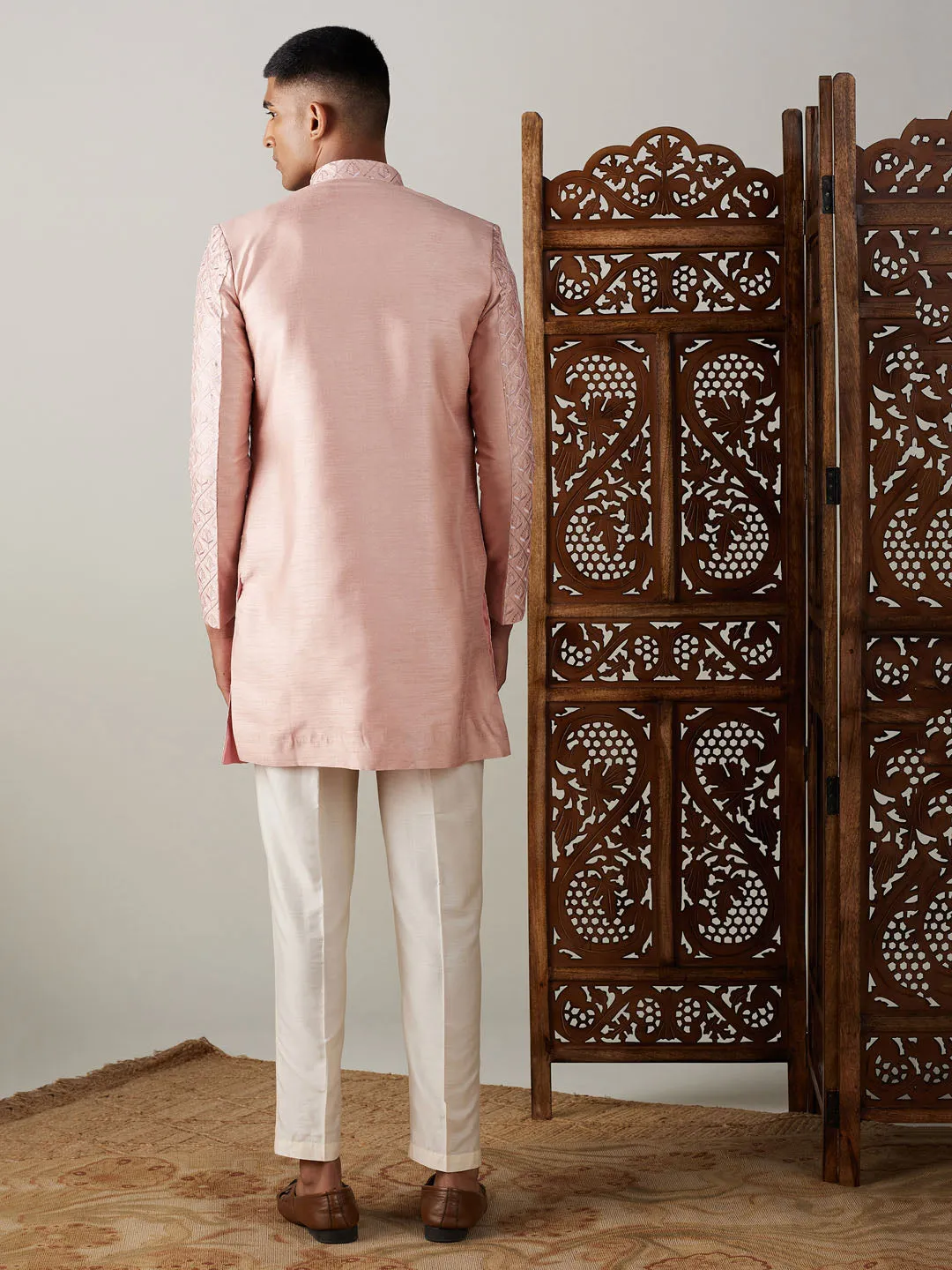 Jashvi Men's Peach Sequined Indo Western Sherwani Set