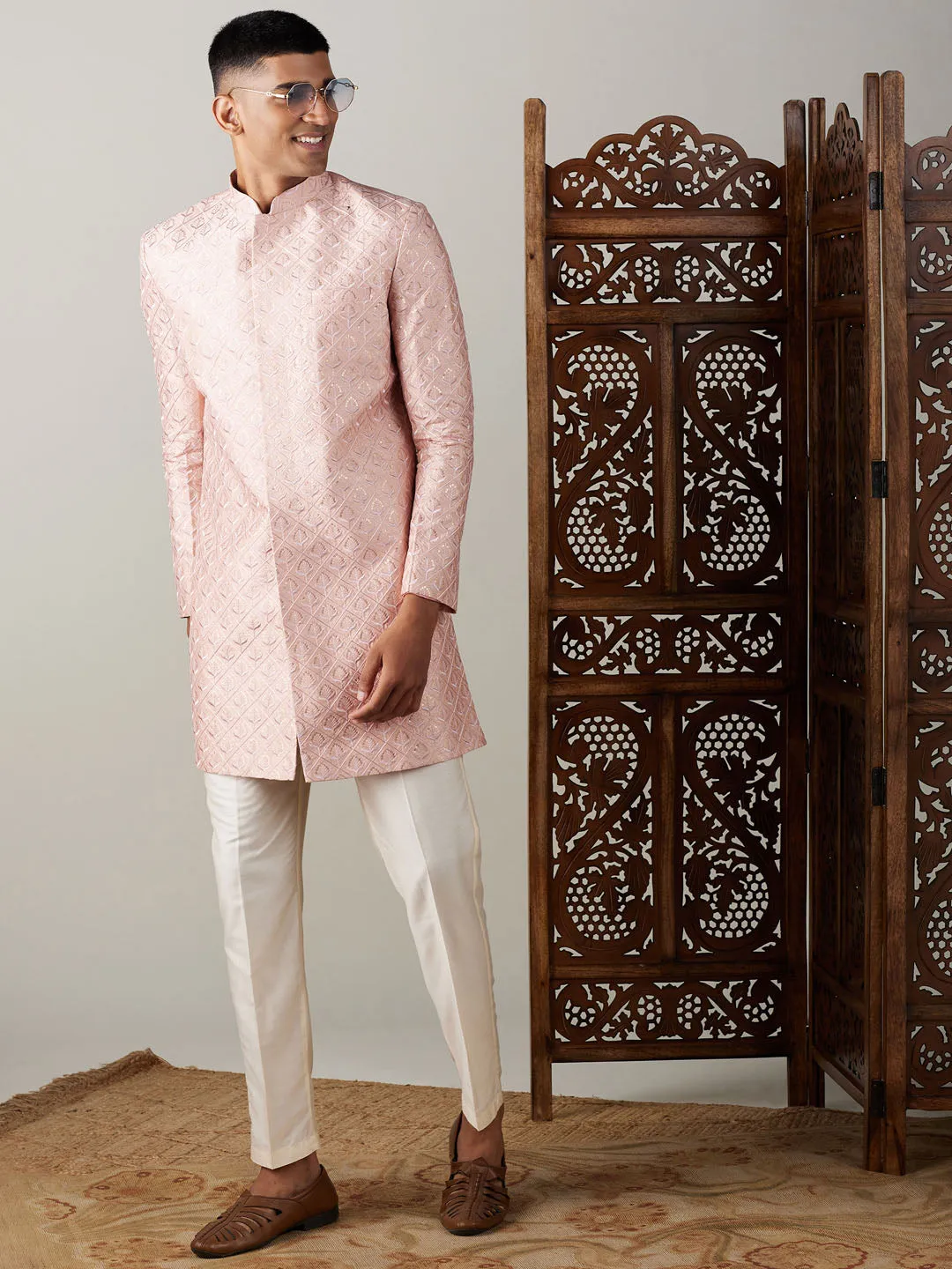 Jashvi Men's Peach Sequined Indo Western Sherwani Set