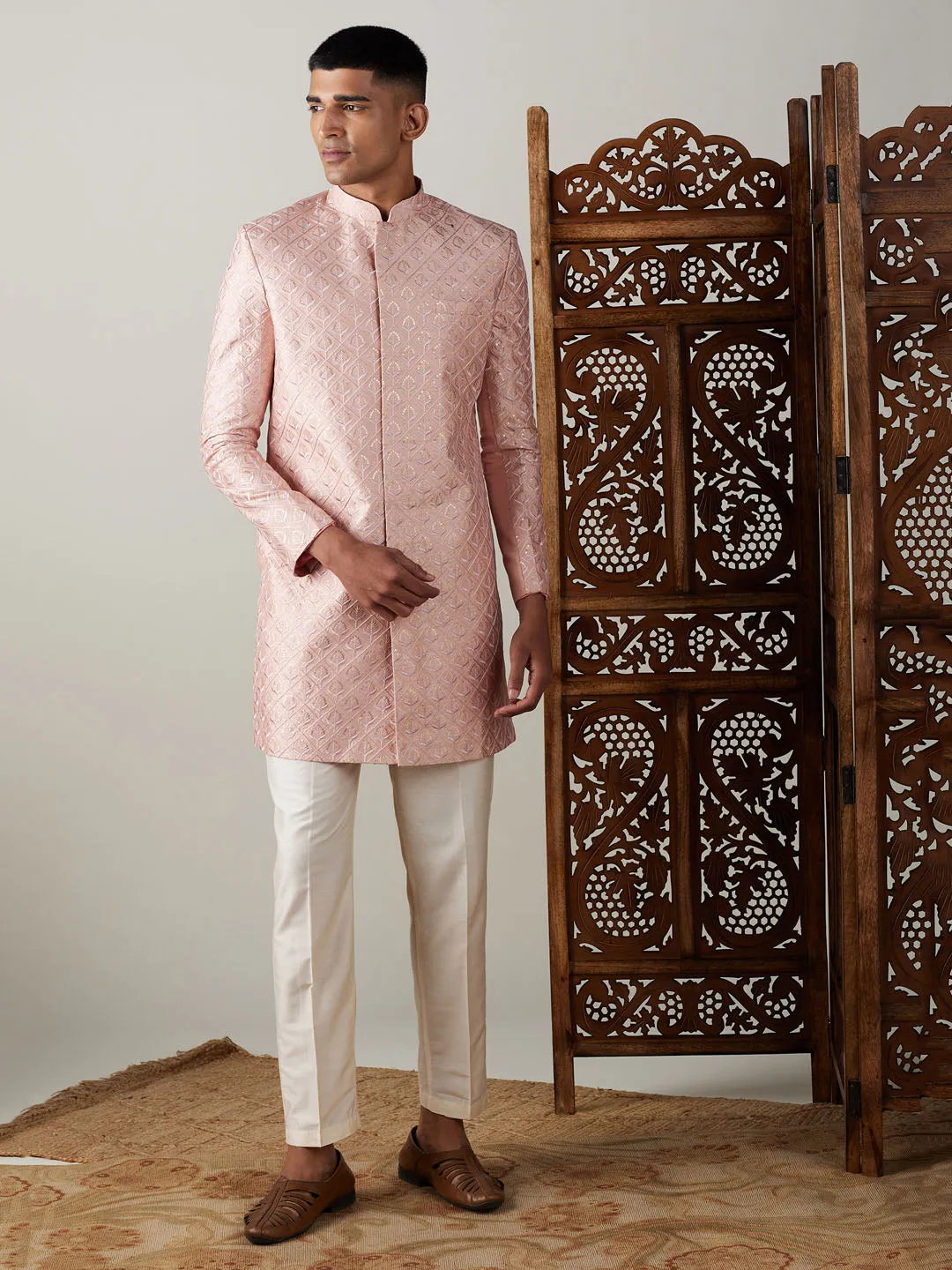 Jashvi Men's Peach Sequined Indo Western Sherwani Set