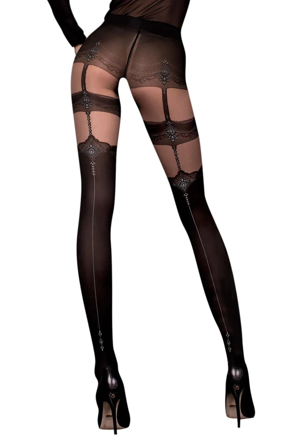 Ladies Stunning Sexy Black Sheer Mock Suspender Belt Garter Grey Trim Printed Tights